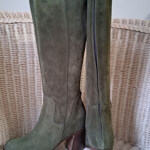 Olive Green Suede Knee-High Boots